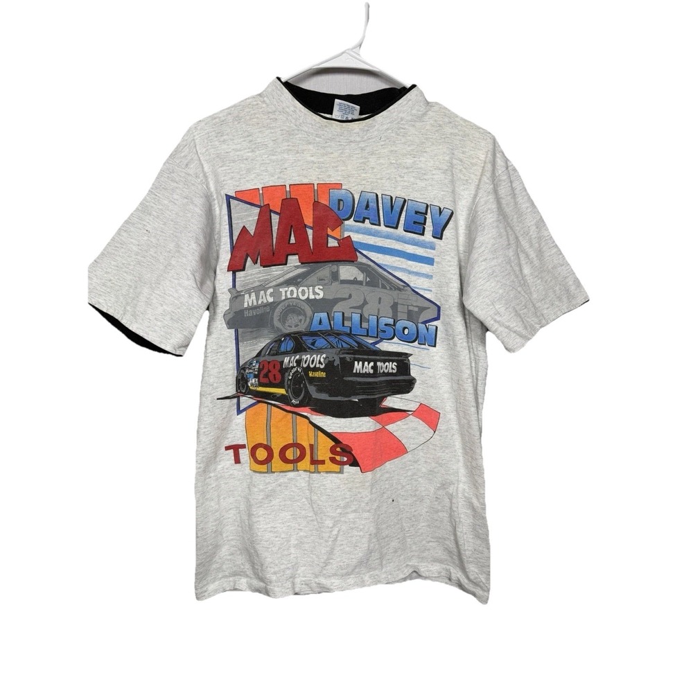 Vintage 90s Davey‎ Allison Mac Tools NASCAR Racing Graphic T Shirt L Gray Tultex